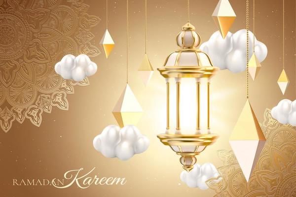 Islamic lantern and cloud set on floral pattern background. 3d Muslim holiday card template suitable for Ramadan, Eid al-Fitr or Hari Raya.