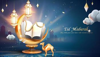 3d arabic holiday greeting banner with glowing crescent and holy book quran over blue mosque silhouette background