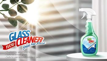 Glass cleaner ad in 3D illustration. Cleaner spray bottle package in stage against window and blur skyscrapers background vector
