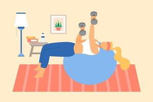 Flat illustration of a woman doing exercise at home. A female in sports wear laying on a pilates ball doing dumbbell workout at home vector