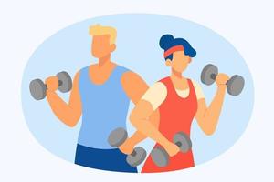 Flat illustration of a sporty couple. A Man and a woman lift dumbbells on their both hands as strength training workout vector