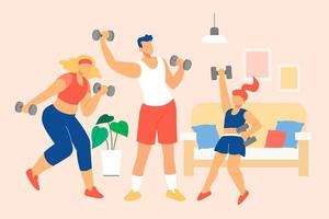 Flat illustration of a family doing workout at home together. A man, woman and girl exercising with dumbbells in living room vector