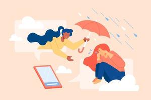 Flat illustration of comforting a friend on the phone. A woman comforts her good friend who feeling sad and sending her an umbrella as a shelter on the video call vector
