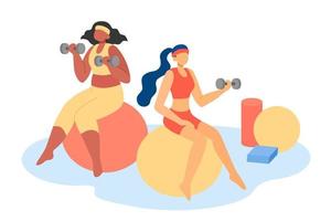 Multiracial female sitting on fitness balls and doing exercise using hand weights. Flat style illustration of women doing weight lifting vector