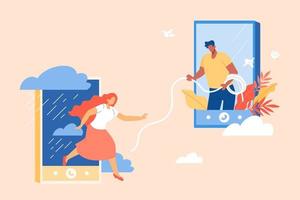 Flat illustration of assisting a friend on the phone. A male giving a female who feeling sad a rope as an escape from the bad mood on the video call vector