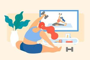 Flat illustration of the online physical training class. Rear view of a woman sitting on the floor at home doing exercises by following a video tutorial vector