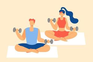 Flat illustration of man and woman doing exercise. Couple sitting on fitness mats and doing workout using dumbbells on beige background vector