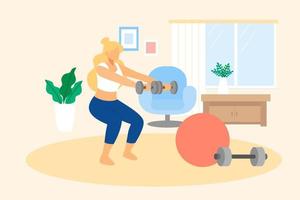 Flat illustration of woman in sportswear exercising at home. Female doing dumbbell workout in the living room with fitness ball and barbell on the floor vector