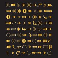 Set of golden arrow icons in different style consists of play, pause, next, previous, reload, and other buttons vector