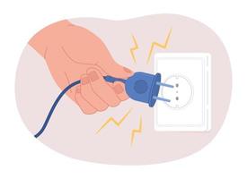 Disconnecting power cord 2D vector isolated spot illustration. Unplugging from outlet to saving energy. Flat character hand on cartoon background. Colorful editable scene for mobile, website, magazine