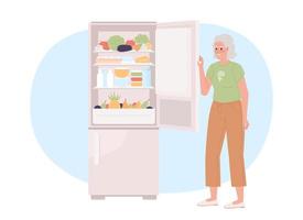 Keeping fridge full to use less energy 2D vector isolated spot illustration. Old lady with kitchen appliance flat character on cartoon background. Colorful editable scene for mobile, website, magazine