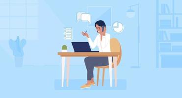 Phone sales rep flat color vector illustration. Salesperson making calls to customers. Cellphone salesman. Hero image. Fully editable 2D simple cartoon character with office open space on background