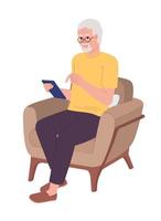 Old eyeglasses man with smartphone in armchair semi flat color vector character