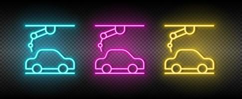 assemble robot, automobile robot neon icon set. Technology vector illustration neon blue, yellow, red icon set