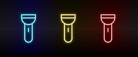 flashlight neon icon set. Set of red, blue, yellow neon vector icon on dark transparent background