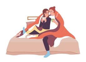 Couple with hot drinks cuddling under blanket semi flat color vector characters