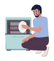 Happy man unloading dishwasher machine semi flat color vector character
