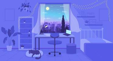 Cozy bedroom with night cityscape view in window flat color vector illustration