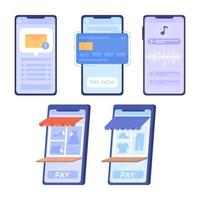 Mobile phone screens with applications flat concept vector spot illustration bundle. Editable 2D cartoon icons on white for web design. Creative ideas pack for website, mobile