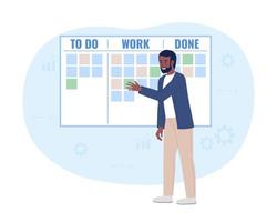 Project manager using scrum task board 2D vector isolated spot illustration. Supervisor flat character on cartoon background. Colorful editable scene for mobile, website, magazine