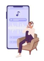 Young man listening to audiobook on mobile phone flat concept vector spot illustration. Editable 2D cartoon character on white for web design. App creative idea for website, mobile, magazine