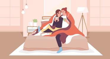 Cuddling to stay warm without electricity flat color vector illustration. Couple hugs. Power outage. Hero image. Fully editable 2D simple cartoon characters with cozy bedroom interior on background