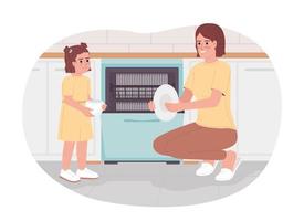 Using dishwasher to save water 2D vector isolated spot illustration. Mother with daughter washing plate flat characters on cartoon background. Colorful editable scene for mobile, website, magazine