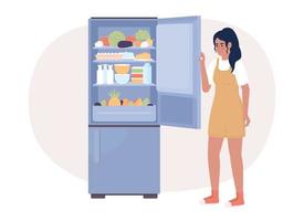 Keeping refrigerator full for energy efficiency 2D vector isolated spot illustration. Girl with appliance flat character on cartoon background. Colorful editable scene for mobile, website, magazine