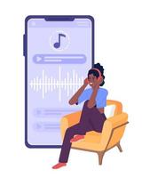 Young woman listening to podcast for self esteem flat concept vector spot illustration. Editable 2D cartoon character on white for web design. Player creative idea for website, mobile, magazine