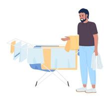 Bearded man standing near clothes drying rack semi flat color vector character