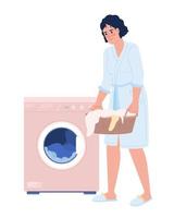 Woman loading washing machine with laundry semi flat color vector character