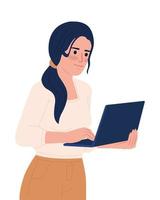 Woman with low ponytail holding laptop semi flat color vector character