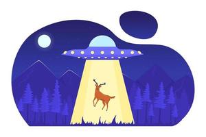 UFO abducting deer in night forest flat concept vector illustration