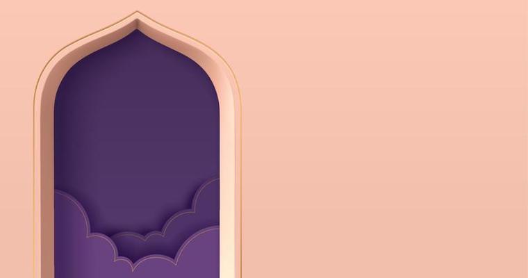 Islam theme product display background in 3d minimal pink design. Mosque portal frame with night cloud silhouette inside.