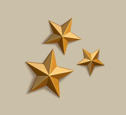 Collection of retro golden metal stars. 3d elements isolated on green background, suitable for prize award, ranking or festival decoration.