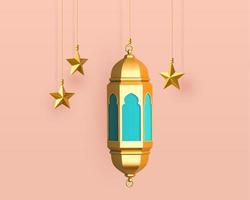 3d hanging Ramadan lantern and star decorations. Islamic object collection isolated on pink background. vector