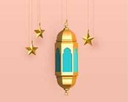 3d hanging Ramadan lantern and star decorations. Islamic object collection isolated on pink background. vector