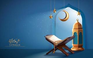 3d serene Islamic holiday banner, concept of praying, celebration and faith. Sliver moonlight shimmering through mosque window and shining on Quran and lantern. Translation. Eid Mubarak vector