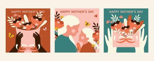 Set of Happy Mother's Day card template. Layout designed in retro minimal style. Background also suitable for birthday or women's day. vector