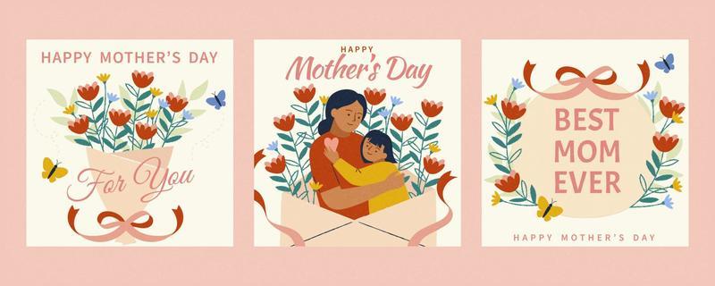 Set of Happy Mother's Day card template. Layout designed in warm doodle style. Background also suitable for birthday or women's day.