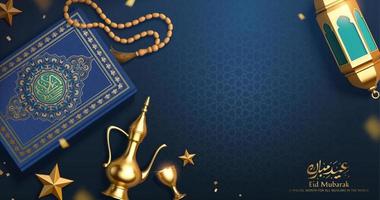 3d Islamic holiday banner. Top view illustration of Ramadan decoration on blue pattern table, including lantern, coffee pot and the holy Quran. Calligraphy Text, Eid Mubarak vector