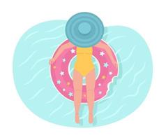 Lady swimming on pool float 2D vector isolated spot illustration. Girl in swimsuit at tropical resort flat character on cartoon background. Colorful editable scene for mobile, website, magazine