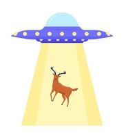 Flying saucer abducting forest stag semi flat color vector icon. UFO. Editable object. Full sized element on white. Simple cartoon style spot illustration for web graphic design and animation