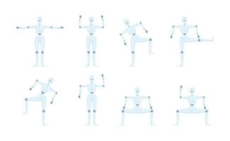 Humanoid robot dance movements semi flat color vector character bundle. Editable full body figures on white. Simple cartoon style spot illustration pack for web graphic design and animation