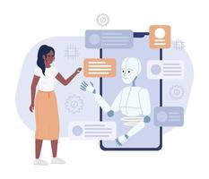 AI assistant flat concept vector spot illustration. Editable 2D cartoon characters on white for web design. Woman using application with artificial intelligence creative idea for website, mobile app