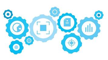 Connected gears and vector icons for logistic, service, shipping, distribution, transport, market, communicate concepts. analytics, bar chart gear blue icon set on white background