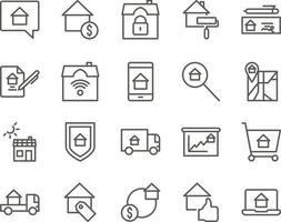 laptop, real, estate, webpage set vector icons. Real estate icon set. Simple Set of Real Estate Related Vector Line Icons. Contains such Icons as Map, Plan, Bedrooms on white background