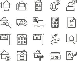 contract, property, rent set vector icons. Real estate icon set. Simple Set of Real Estate Related Vector Line Icons. Contains such Icons as Map, Plan, Bedrooms on white background