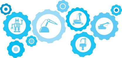 Robot, icon, technology blue gear set. Abstract background with connected gears and icons for logistic, service, shipping, distribution, transport, market, communicate concepts on white background vector