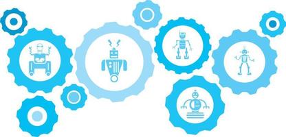 Robot, icon, technology blue gear set. Abstract background with connected gears and icons for logistic, service, shipping, distribution, transport, market, communicate concepts on white background vector